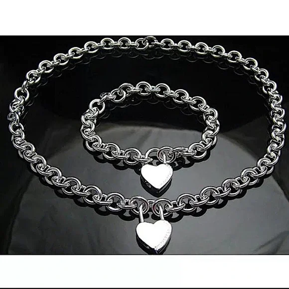 Boho Sterling Silver Heart Lock Pendant Necklace Bracelet Set - Picture 3 of 6